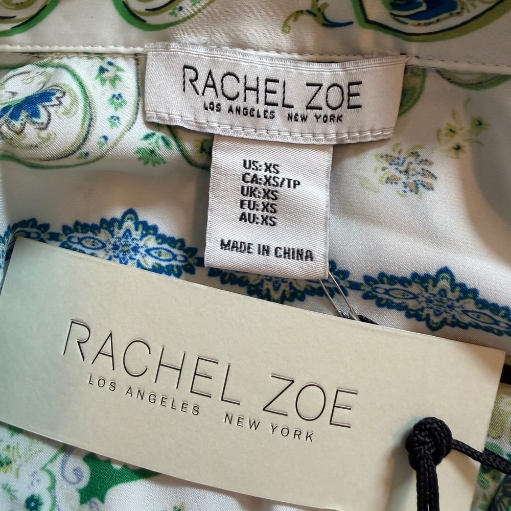 Rachel Zoe Green Paisley Button Down Shirt Scarf Print XS Boho Coastal Y2K‎ - Picture 9 of 10